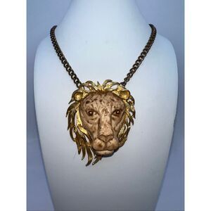 70s Luca Razza Leo Lion Head Pendant Necklace Gold Tone 18”-20” Chain Vintage